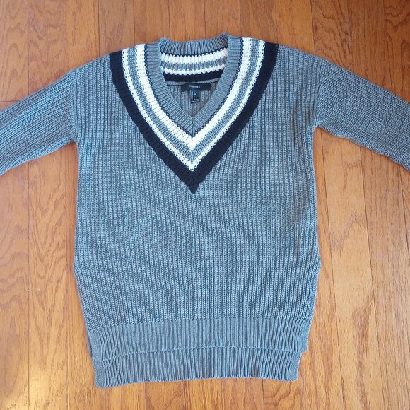 Gray Preppy Varsity Style Pullover Sweater sz 3 Oversized Rib Knit - Picture 10 of 11